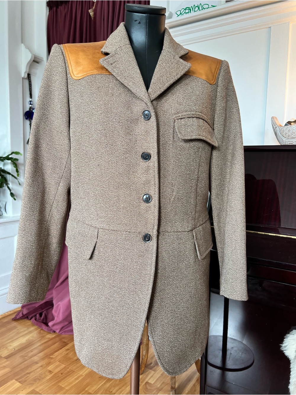 Womens Brown Wool Blend Coat with Tan Leather Yoke